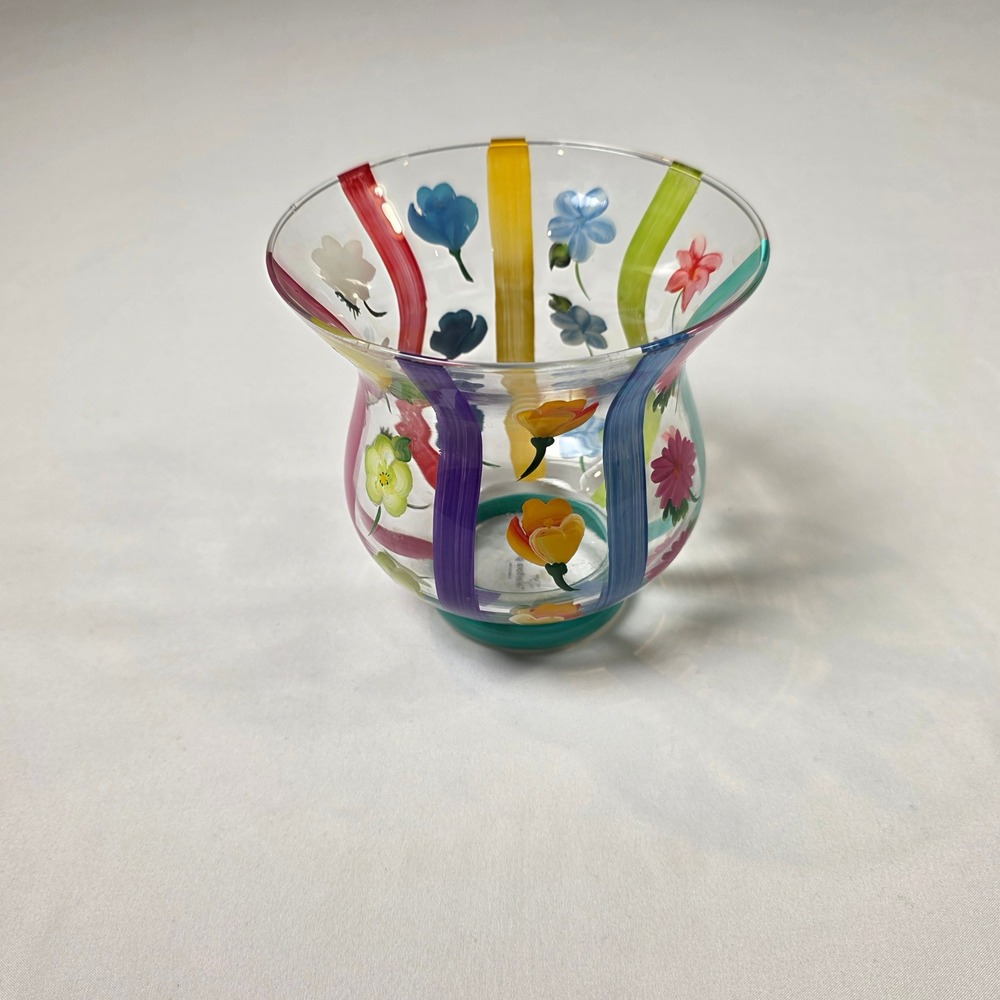 Teleflora Floral Striped Vase Home Decor Multicolor Hand Painted Glass 5.5in